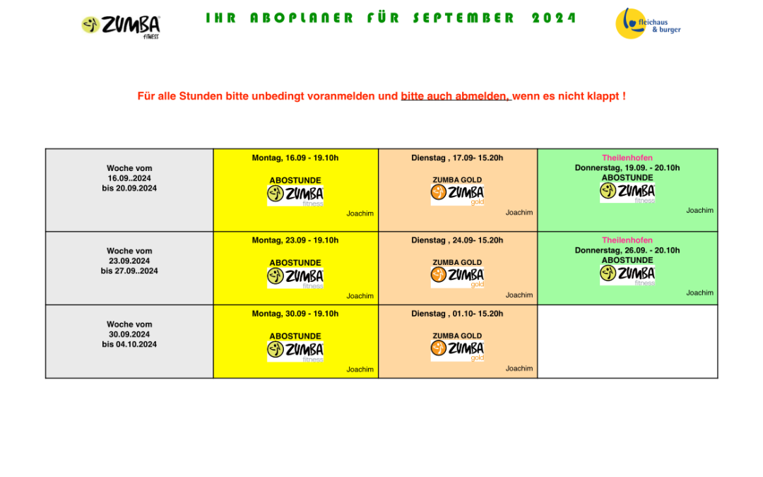 Zumba Aboplan September 2024
